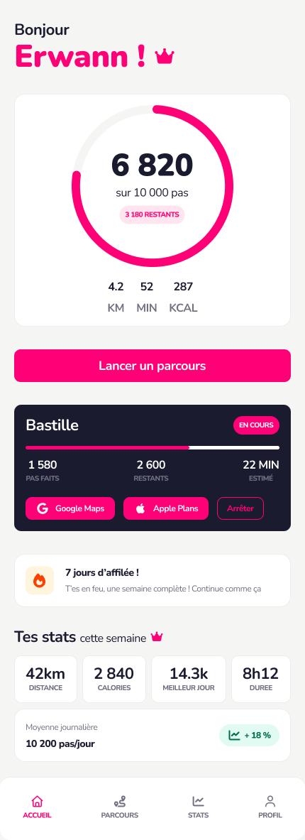 Écran d'accueil de Tenkka : progression des pas, parcours en cours et stats hebdomadaires