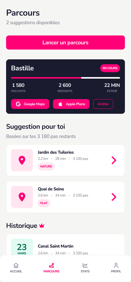 Écran Parcours de Tenkka : suggestions de circuits et historique