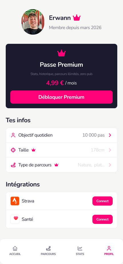 Écran Profil de Tenkka : réglages et intégrations santé